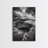 Crater Overlook Coast, Stormy Sky Mountains, Ocean Cliffs, Rugged Wilderness, Canvas Print, Den Wall Art, Moody Black and White Art
