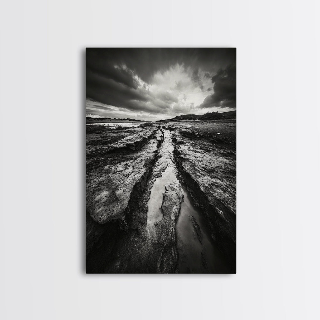 Muddy Terrain, Dramatic Sky, Natural Earth Art, Framed Canvas Print, Fall Decor, Landscape Photography, Moody Living Room Art