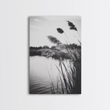 Reed Grass, Gentle Breeze, Black and White Nature, Canvas Print, Minimalist Wall Art, Tranquil Lake Scene, Bedroom Decor