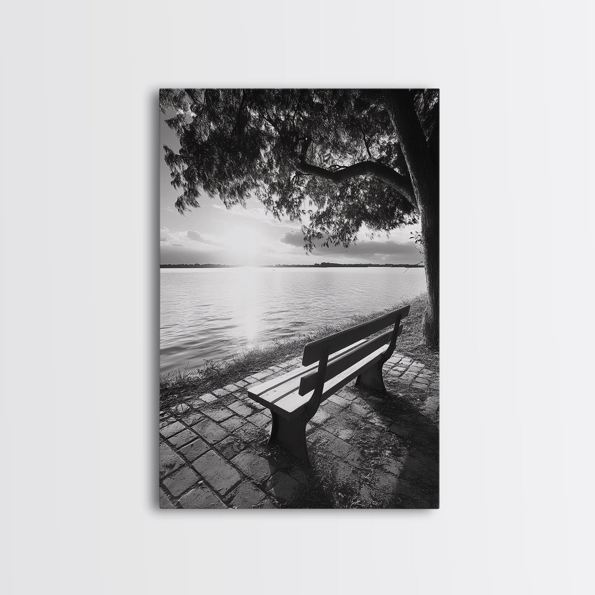 Peaceful Lake Bench, Tranquil Sunrise, Tree Shade View, Nature Serenity, Framed Canvas Print, Minimalist Art, Bedroom Wall Decor