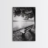 Peaceful Lake Bench, Tranquil Sunrise, Tree Shade View, Nature Serenity, Framed Canvas Print, Minimalist Art, Bedroom Wall Decor