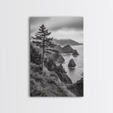 Oregon Coastline View, Misty Cliffs, Evergreen Forest, Coastal Vibes, Framed Canvas Print, Rustic Cabin Art, Living Room Wall Decor