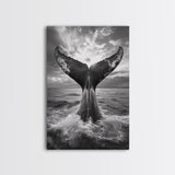 Whale Tail Splash, Ocean Sunset, Marine Majesty, Powerful Moment, Framed Canvas Print, Nautical Art, Coastal Living Room Decor