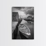 Docked Rowboat Scene, Calm Harbor, Coastal Village, Still Waters, Framed Canvas Print, Seaside Art, Beach House Wall Decor