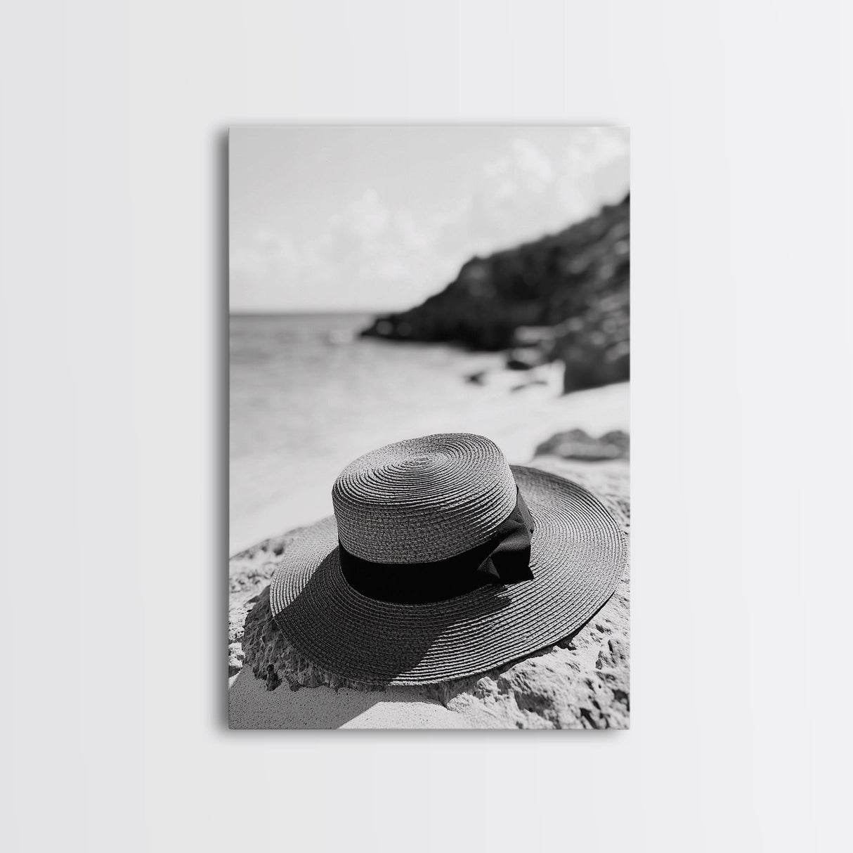 Beach Hat Closeup, Seaside Fashion, Coastal Breeze, Relaxed Mood, Framed Canvas Print, Minimalist Beach Art, Summer Home Decor