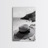 Beach Hat Closeup, Seaside Fashion, Coastal Breeze, Relaxed Mood, Framed Canvas Print, Minimalist Beach Art, Summer Home Decor