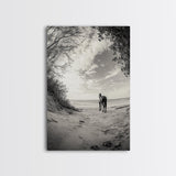 Horse on Shore, Ocean Path Scene, Wild Beauty, Serene Escape, Framed Canvas Print, Boho Wall Art, Bedroom or Entryway Decor