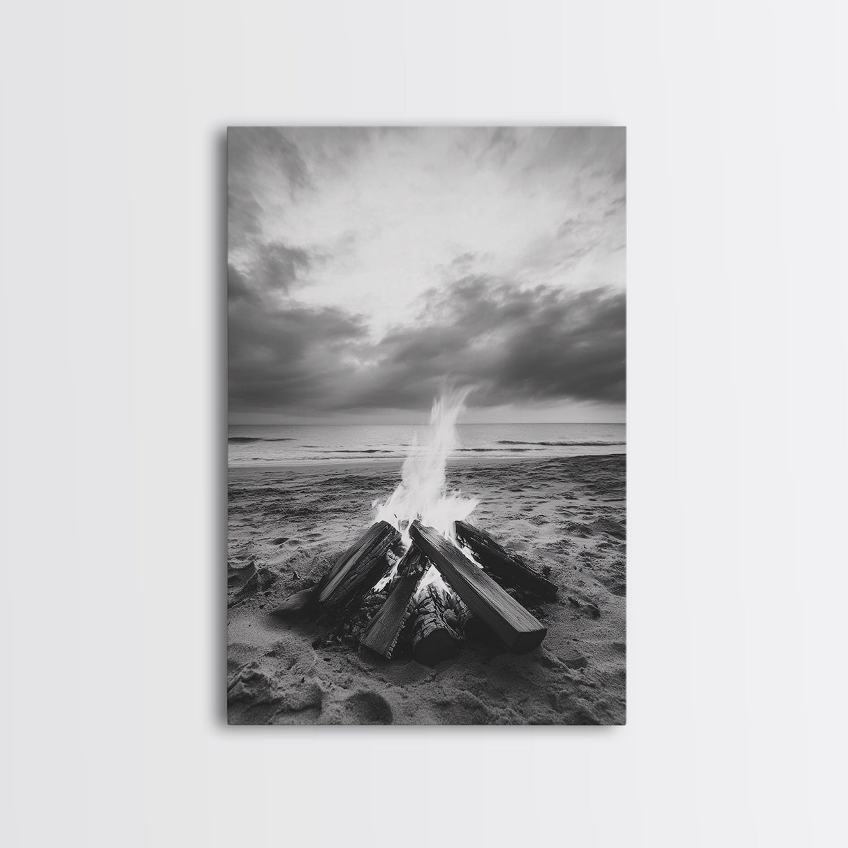 Beach bonfire moment, soft flame serenity, ocean dusk, coastal camp vibes, Framed Canvas Print, Fall decor, hygge inspired wall decor