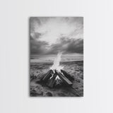 Beach bonfire moment, soft flame serenity, ocean dusk, coastal camp vibes, Framed Canvas Print, Fall decor, hygge inspired wall decor
