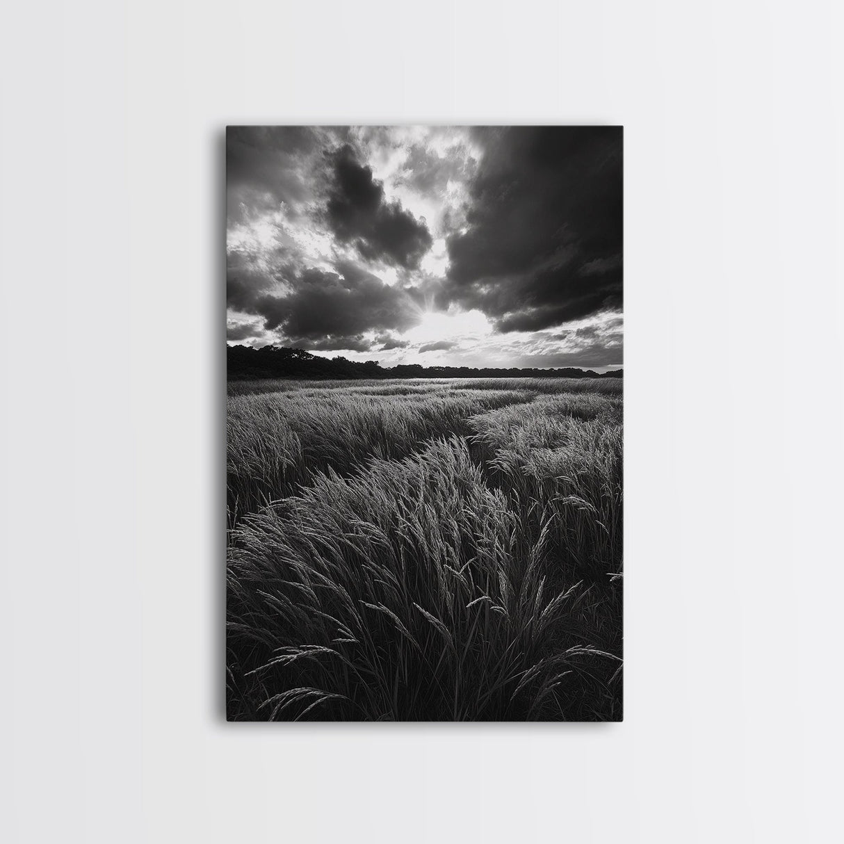 Golden Grass Field, Dramatic Sunset, Autumn Skies, Nature Movement, Framed Canvas Print, Fall Landscape Art, Living Room Decor