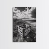 Weathered Crate, Ocean Dunes, Coastal Photography, Canvas Print, Beach House Wall Art, Minimalist Rustic Decor, Bathroom Wall Art