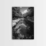 River Reflection, Nature Calm, Forest Stream, Canvas Print, Black and White Landscape Wall Art, Rustic Bathroom Decor, Tranquil Home Vibe