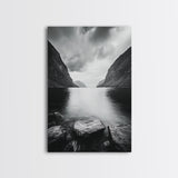Mountain Lake, Nordic Fjord, Moody Water, Framed Canvas Print, Minimalist Wall Art, Serene Living Room Decor, Monochrome Nature Scene