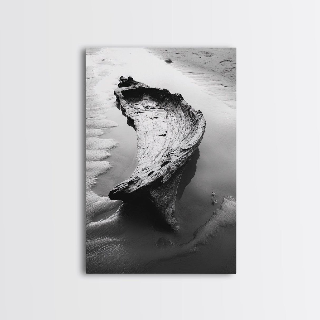 Driftwood Shore, Tidal Beauty, Washed Wood, Canvas Print, Coastal Beach Wall Art, Minimalist Bathroom Decor, Black and White Ocean Scene