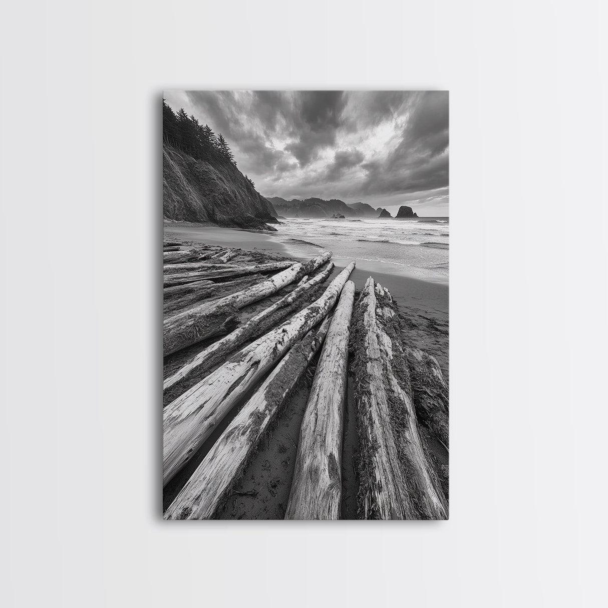 Driftwood Beach, Coastal Logs, Wild Shore, Canvas Print, Rustic Ocean Wall Art, Cabin Bathroom Decor, Nature Inspired Photography