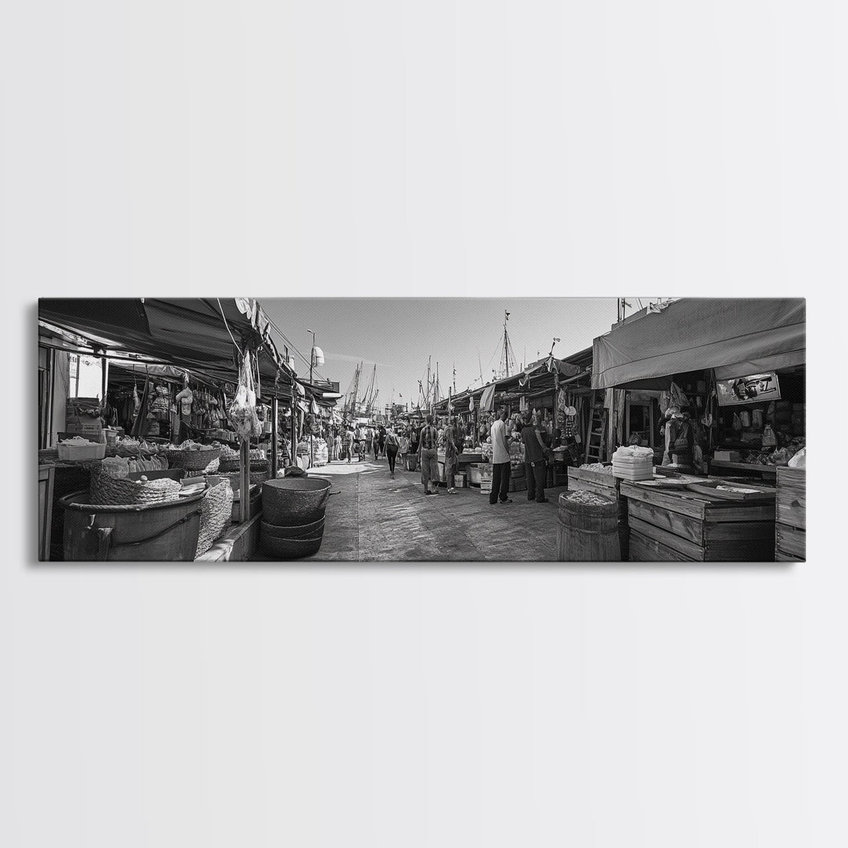 Mediterranean Market Scene, Travel Wall Decor, Rustic Street View, Framed Canvas Print, Kitchen Wall Art, Black and White Photography