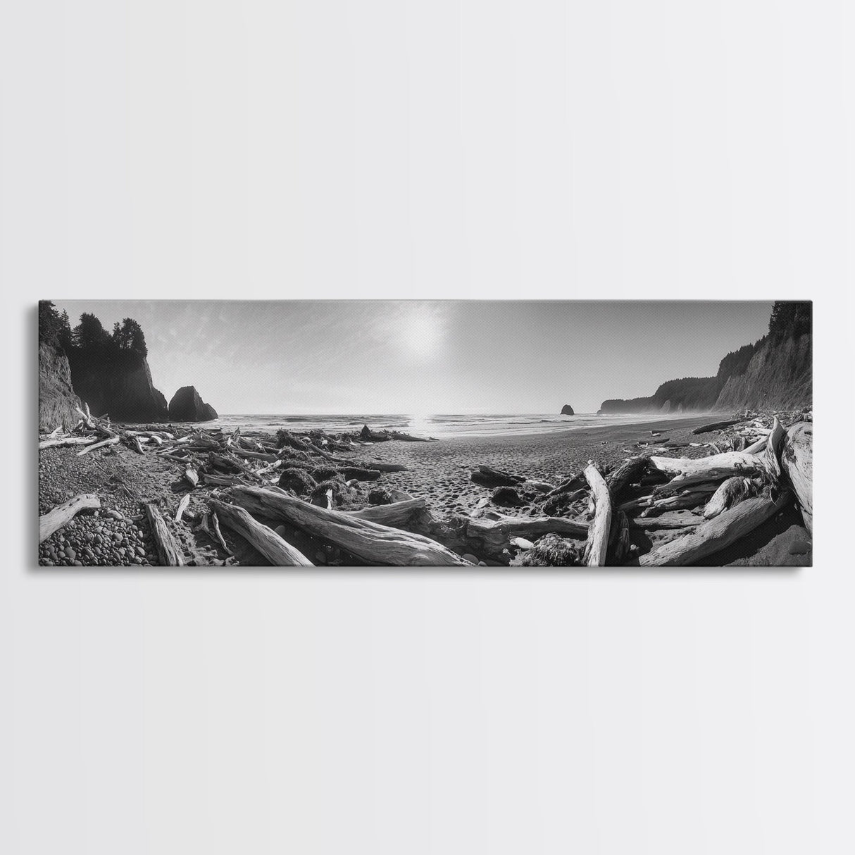 Coastal Driftwood Scene, Rugged Ocean Beach, Moody Nature Landscape, Framed Canvas Print, Rustic Wall Decor, Fall Coastal Photography