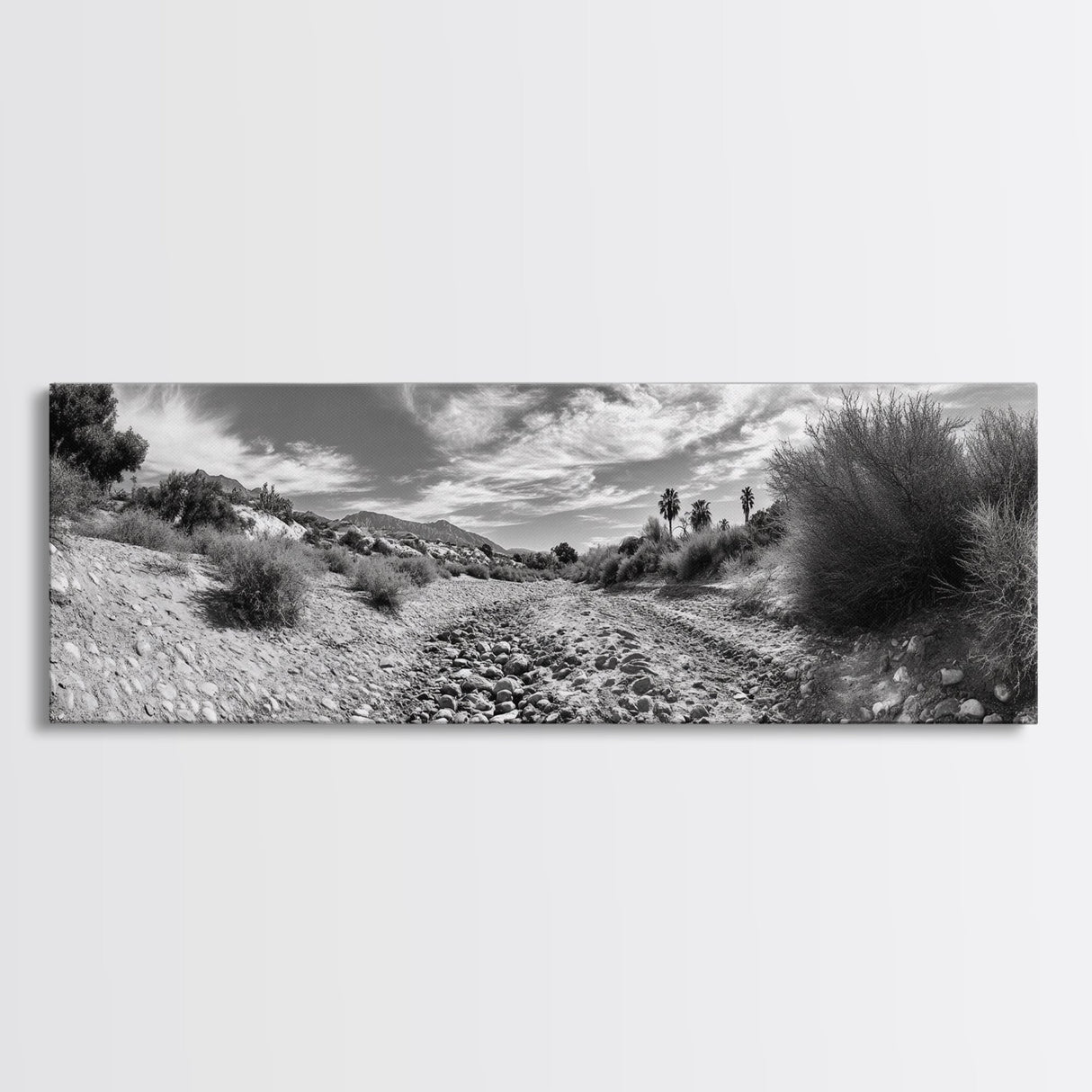 Desert Streambed Path, Dry River Landscape, Southwest Nature Print, Framed Canvas Print, Earthy Living Room Art, Modern Western Decor