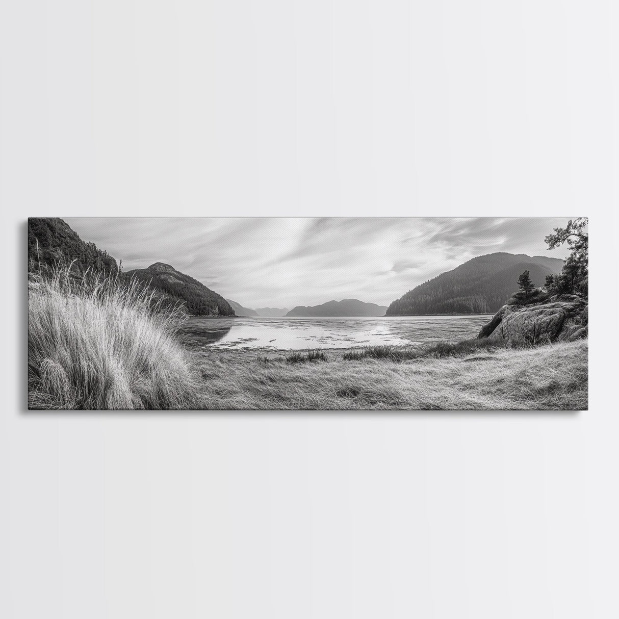 Mountain Lake Calm, Tranquil Nature Reflection, Forest Valley Art, Framed Canvas Print, Minimalist Wall Decor, Serene Landscape Print