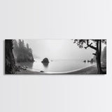 Misty Cove, Pacific Coast, Tranquil Shore, Canvas Print, Zen Nature Wall Art, Bathroom Decor, Moody Black and White Art