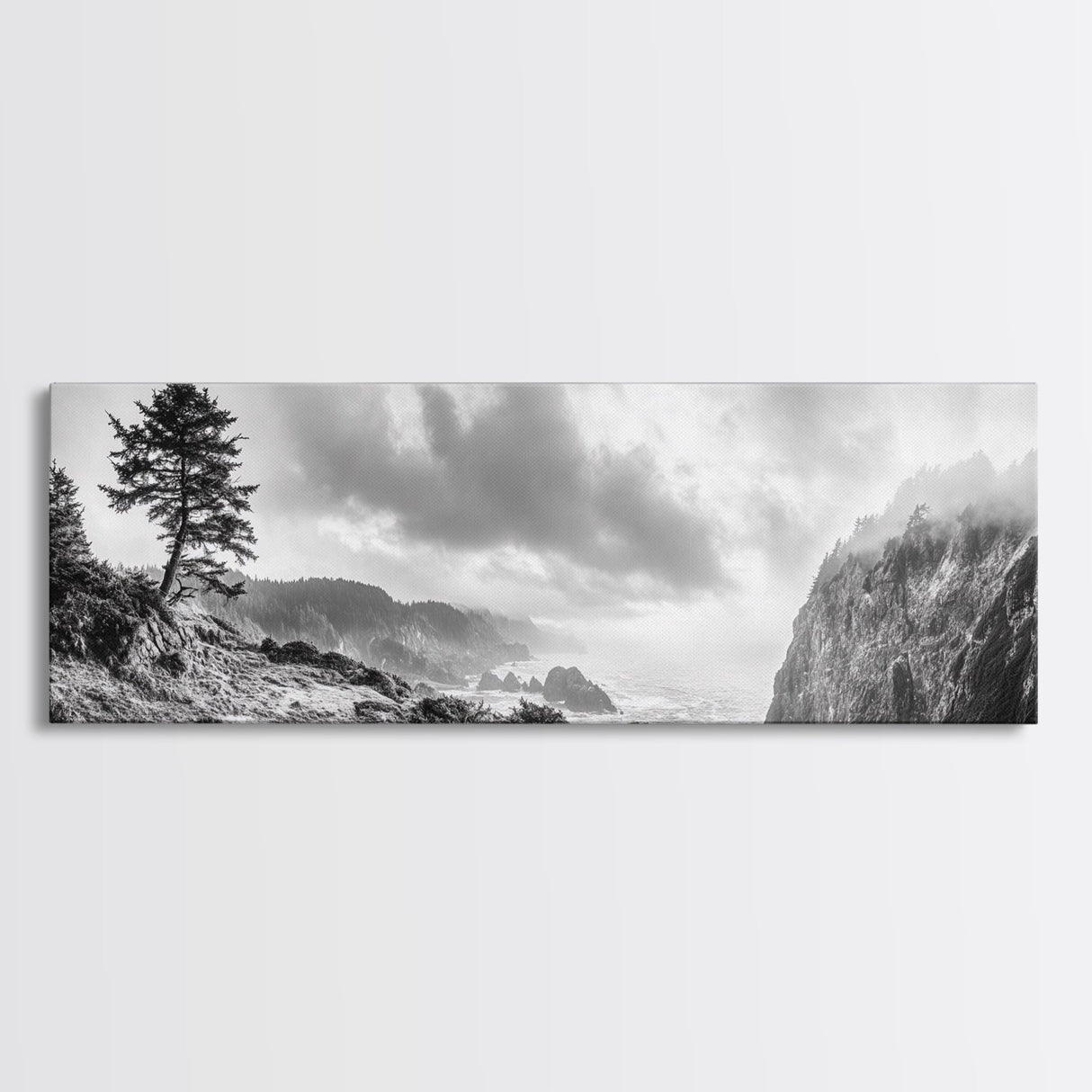 Ocean Cliff, Pine Trees, Foggy Coast, Canvas Print, Dramatic Nature Wall Art, Rustic Cabin Decor, Black and White Landscape