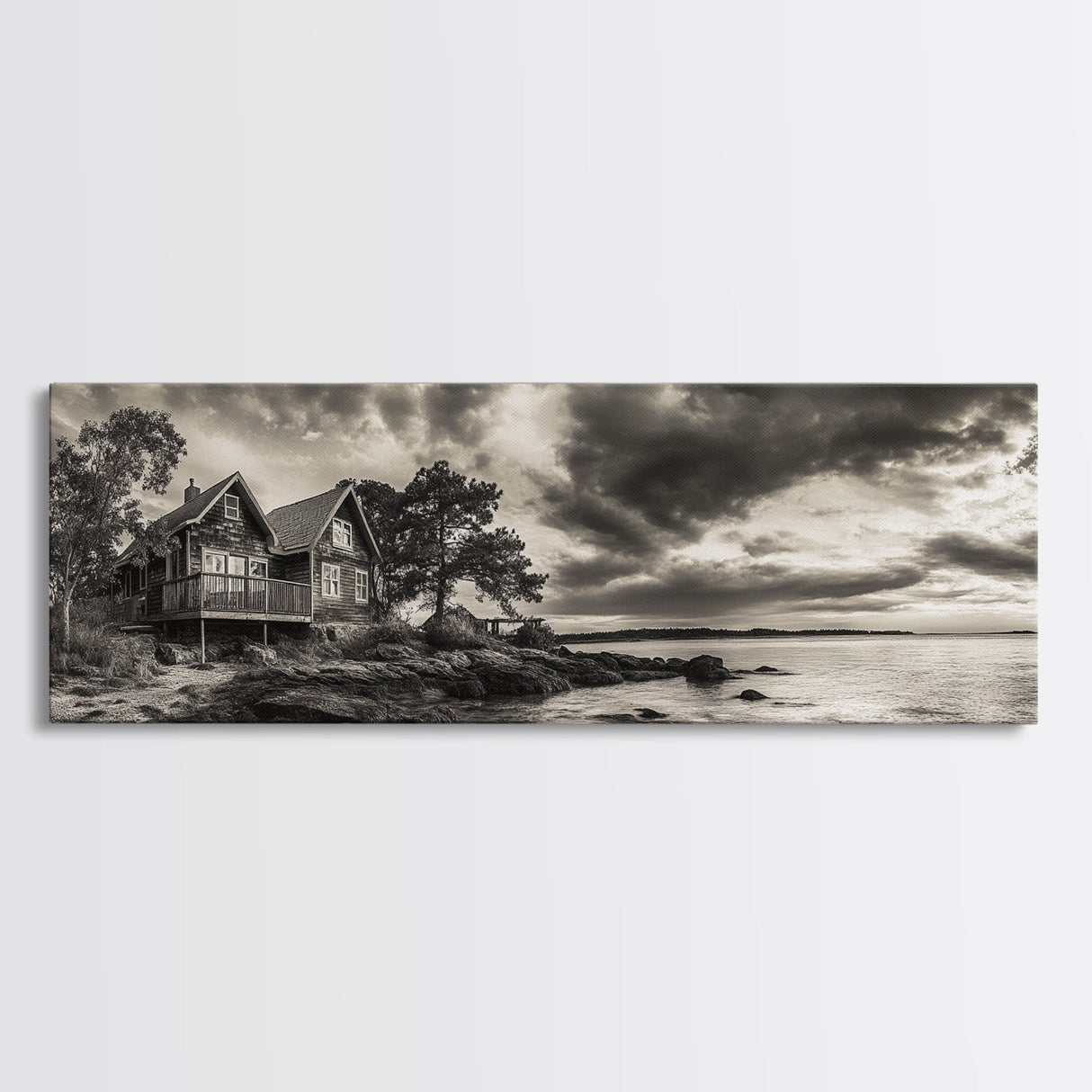 Lakeside Cabin, Stormy Sky, Rustic Escape, Framed Canvas Print, Cabin Wall Art, Lake House Decor, Autumn Living Room Art, Cozy Lodge Style