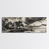 Lakeside Cabin, Stormy Sky, Rustic Escape, Framed Canvas Print, Cabin Wall Art, Lake House Decor, Autumn Living Room Art, Cozy Lodge Style