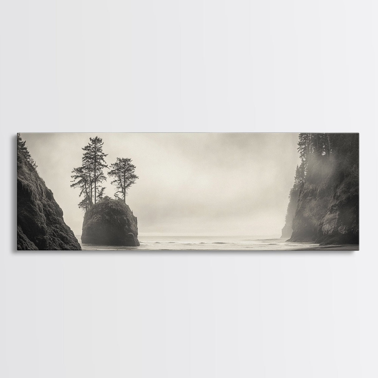 Foggy Beach, Coastal Pines, Ocean Cliffside, Nature Escape, Framed Canvas Print, Moody Wall Art, Living Room Decor, Pacific Northwest Style