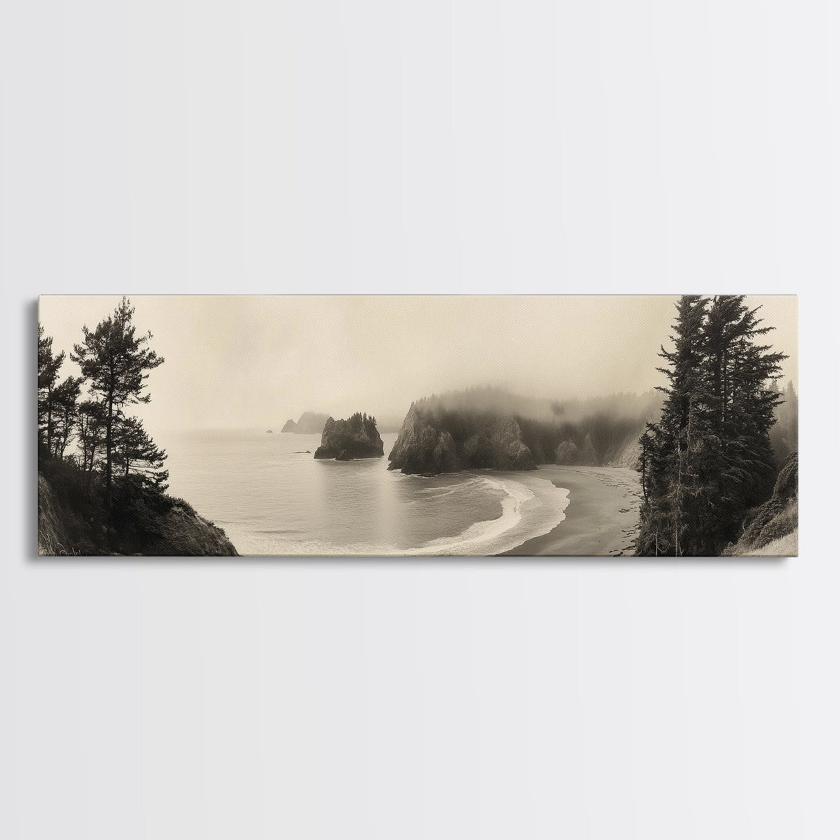 Misty Bay, Forested Coast, Moody Landscape, Serene Shoreline, Framed Canvas Print, Coastal Wall Art, Bedroom Decor, Earthy Tones