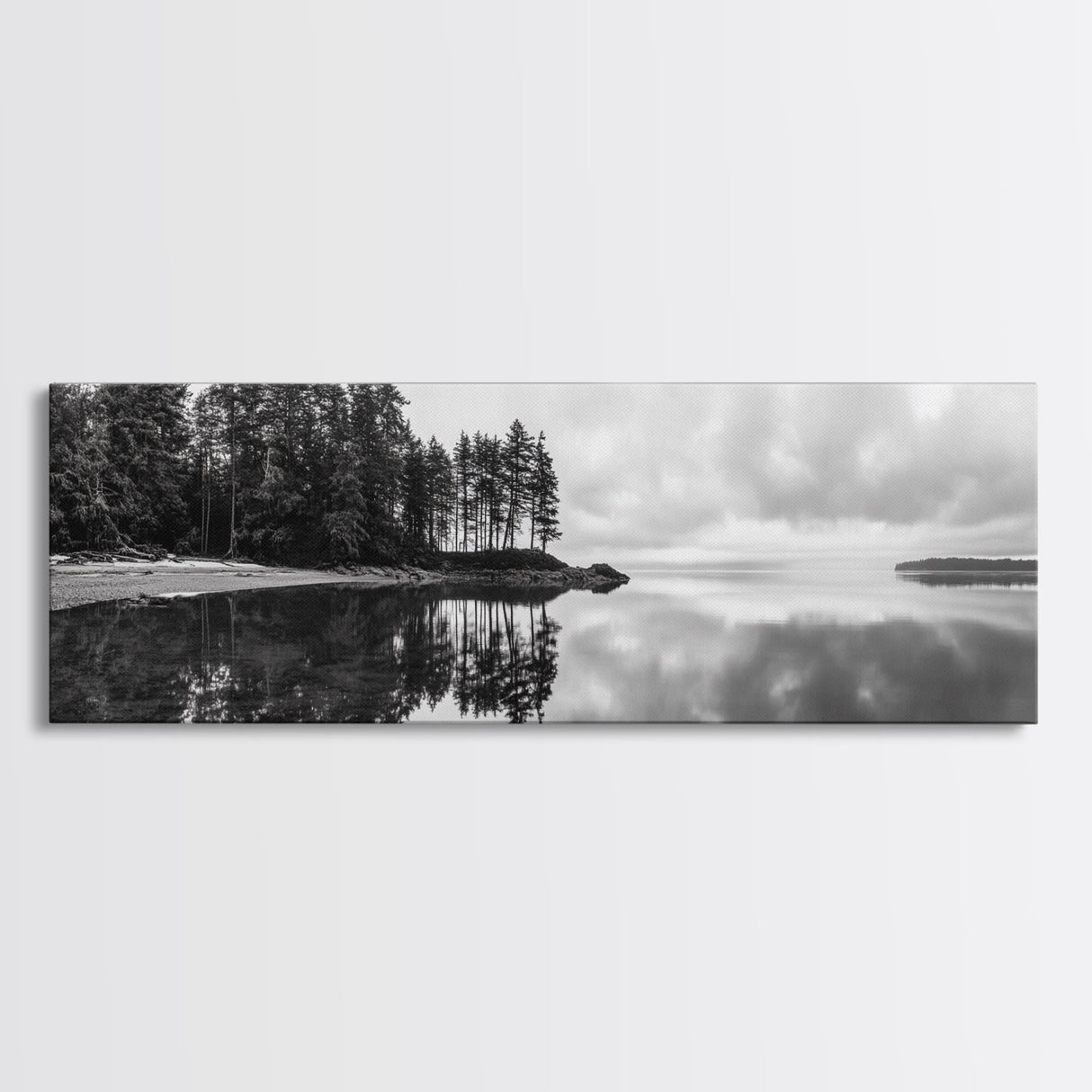 Reflected Pines, Quiet Lake, Forest Island, Calm Waters, Framed Canvas Print, Nature Photography, Minimal Wall Art, Office Decor