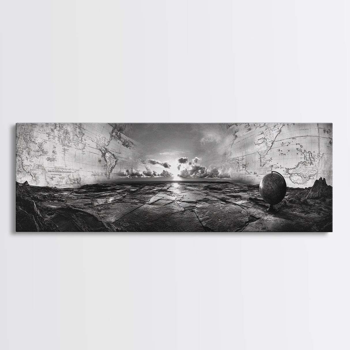 World Map, Globe Horizon, Explorer’s Dream, Canvas Print, Travel Wall Art, Surreal Photography, Study Room Adventure Decor