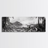 Rocky Shore, Ocean Vista, Misty Wilderness, Framed Canvas Print, Nature Wall Art, Monochrome Landscape, Cabin or Office Decor
