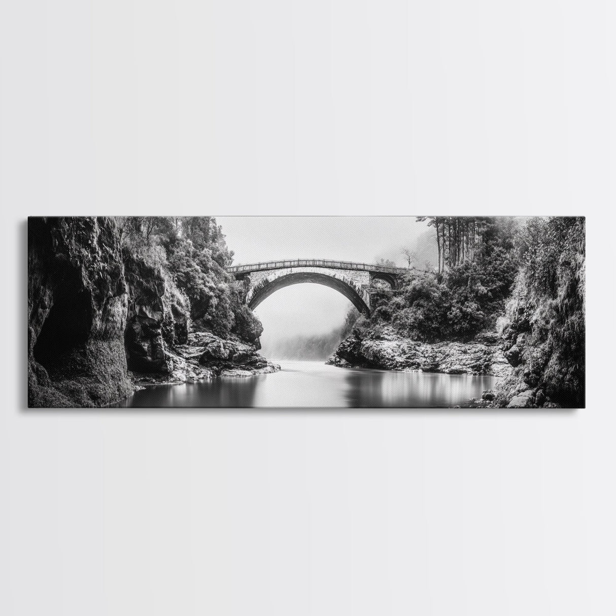 Stone Bridge, Forest River, Morning Mist, Canvas Print, Black and White Landscape, Nature Wall Art, Rustic Bathroom Art, Den Decor