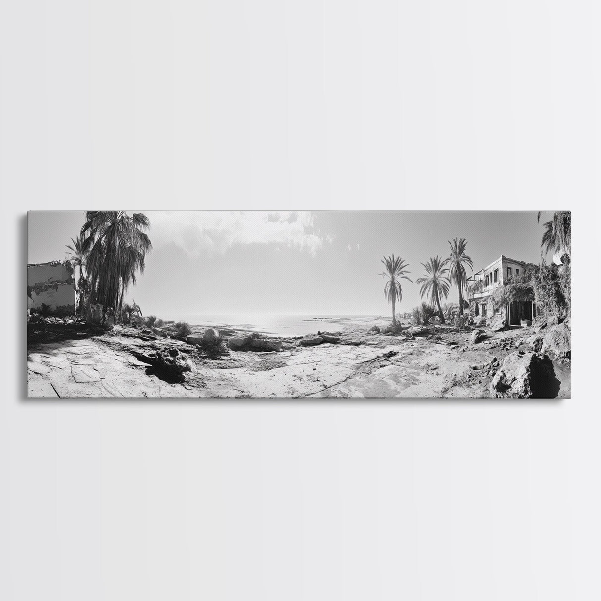 Desert Coast, Palm Ruins, Forgotten Beach, Framed Canvas Print, Surreal Photography, Boho Living Room Art, Coastal Wall Decor