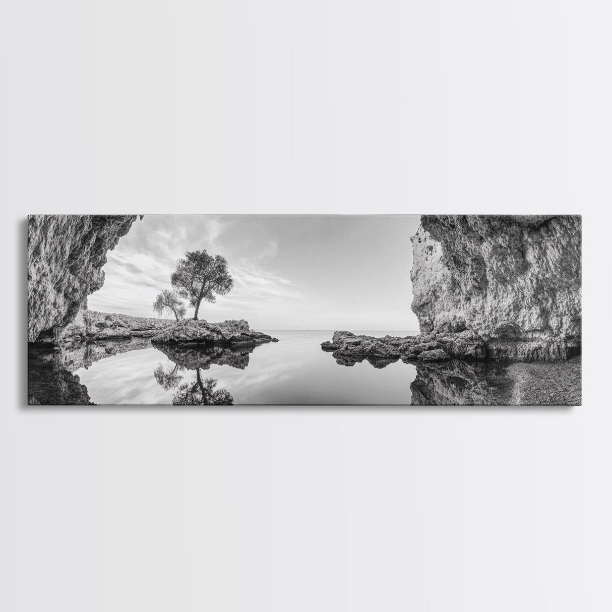 Coastal Cave, Reflection Landscape, Nature Calm, Framed Canvas Print, minimalist ocean wall decor, tranquil tree photography, zen entryway art