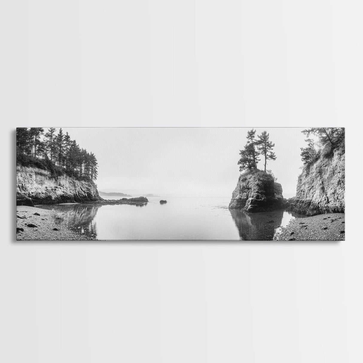 Forest Cove, Serene Shoreline, Calm Reflections, Canvas Print, peaceful nature wall art, neutral tones decor, minimalist bathroom artwork