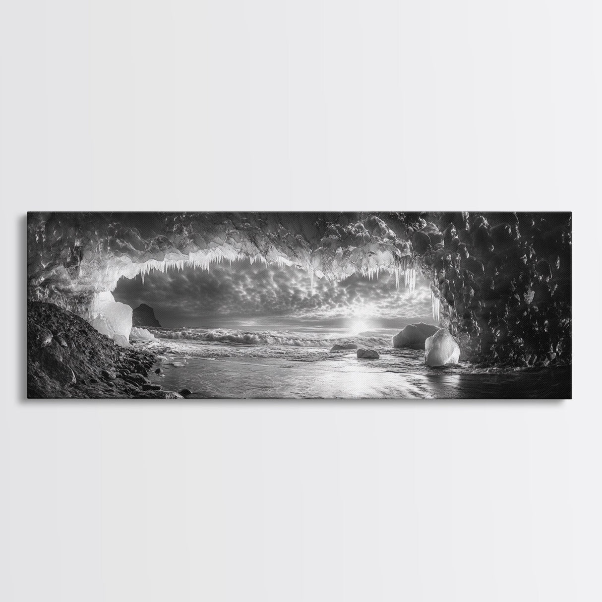 Ice Cave, Winter Seascape, Arctic Sunset, Canvas Print, dramatic frozen landscape art, black and white Christmas decor, cozy winter home art
