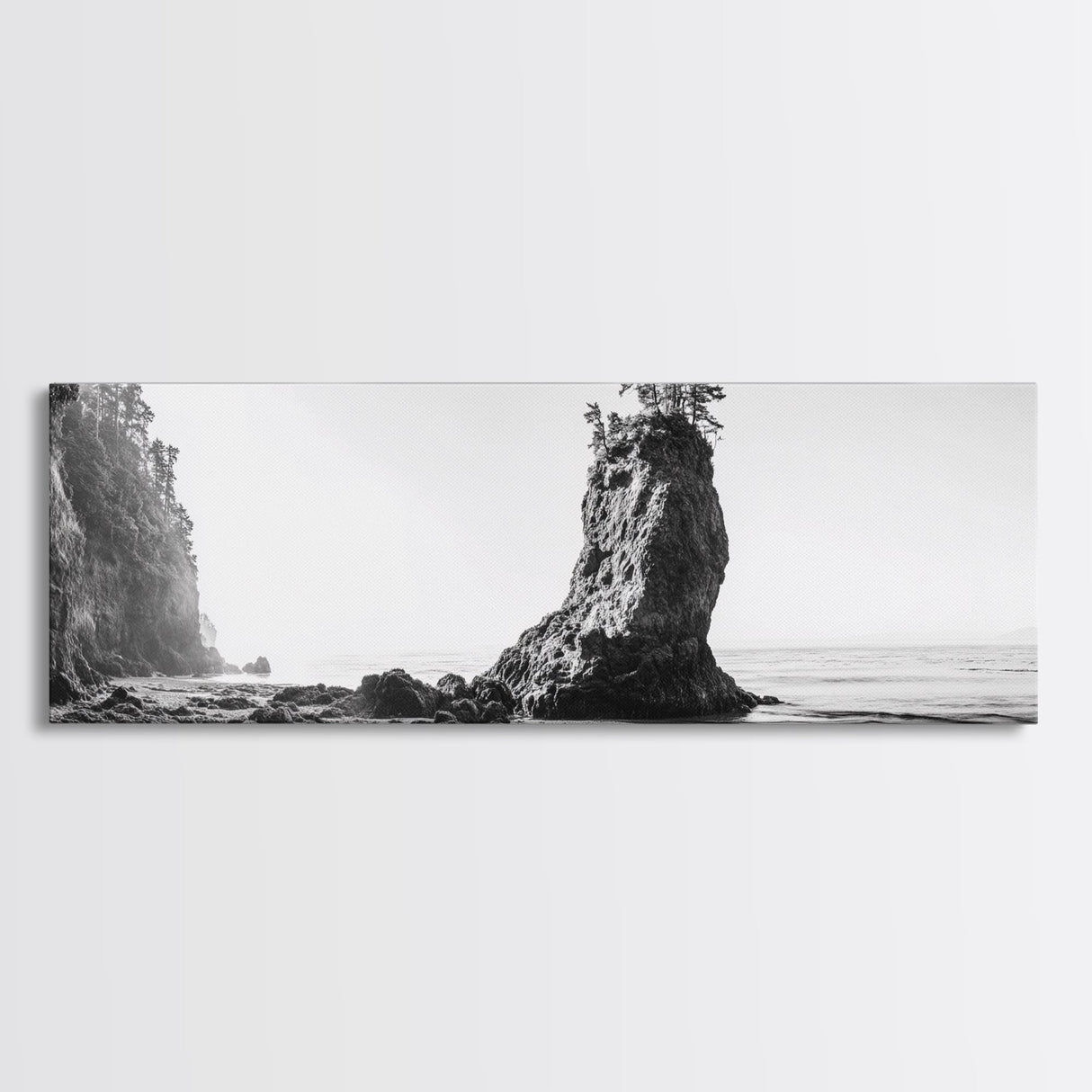 Sea Stack, Rugged Coast, Ocean Cliffside, Framed Canvas Print, Coastal landscape, Nature photography, Office wall art, Monochrome design