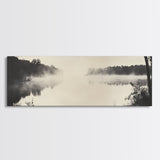 Misty River, Forest Reflection, Black and White Nature, Framed Canvas Print, Tranquil Decor, Bedroom Wall Art, Moody Minimalist Art