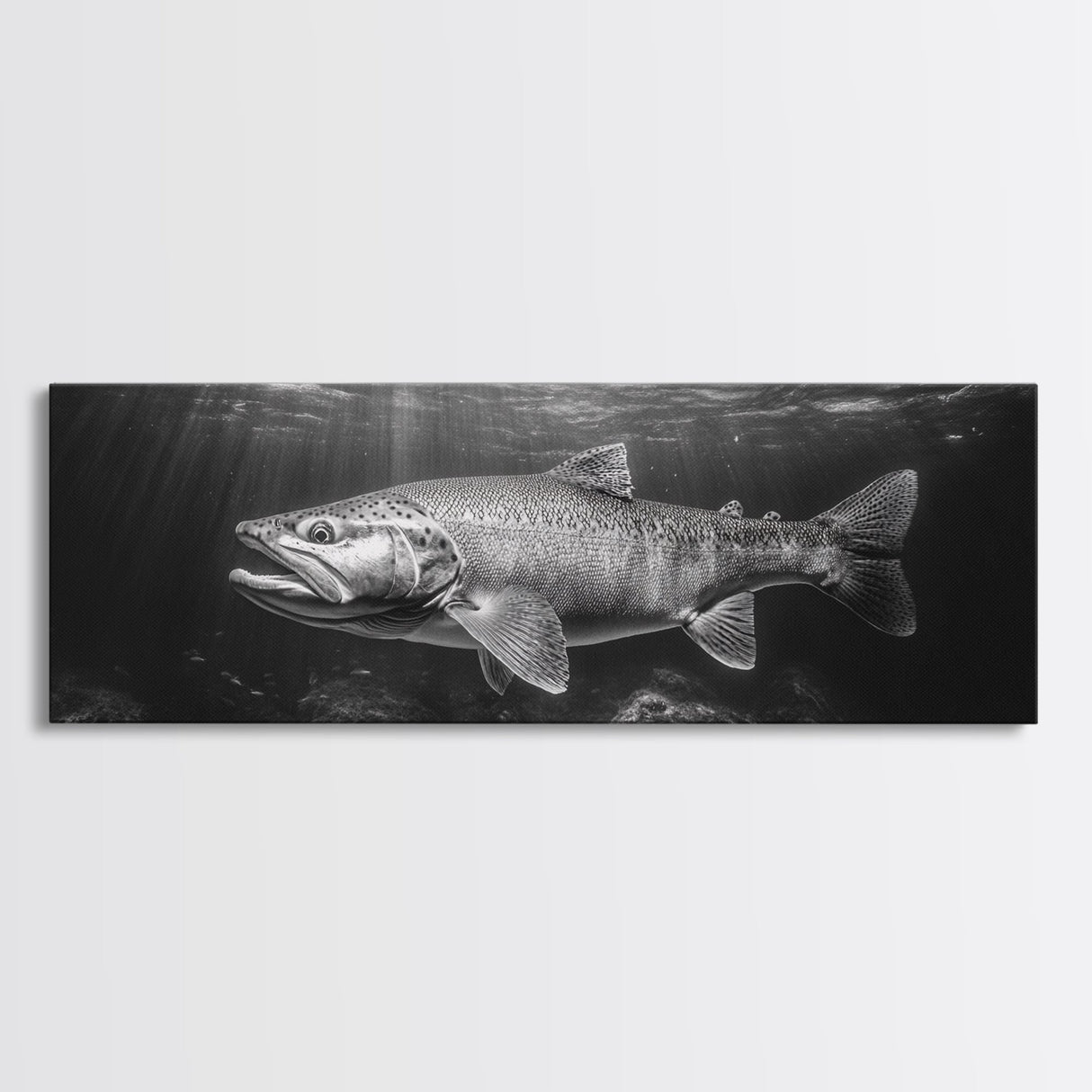 Underwater Fish, Lake Trout, Black and White Ocean, Framed Canvas Print, Coastal Bathroom Art, Fisherman Gift, Nautical Wall Decor