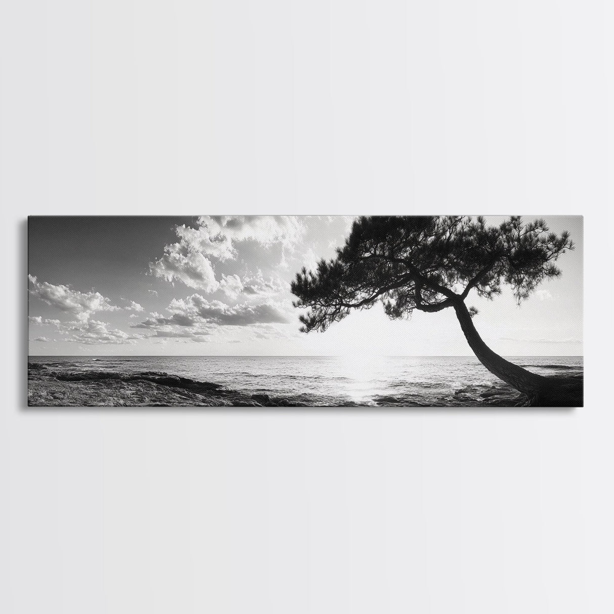 Lone Tree, Coastal Sunset, Ocean Horizon, Framed Canvas Print, Tranquil Landscape Art, Meditation Room Wall Art, Nature Zen Decor