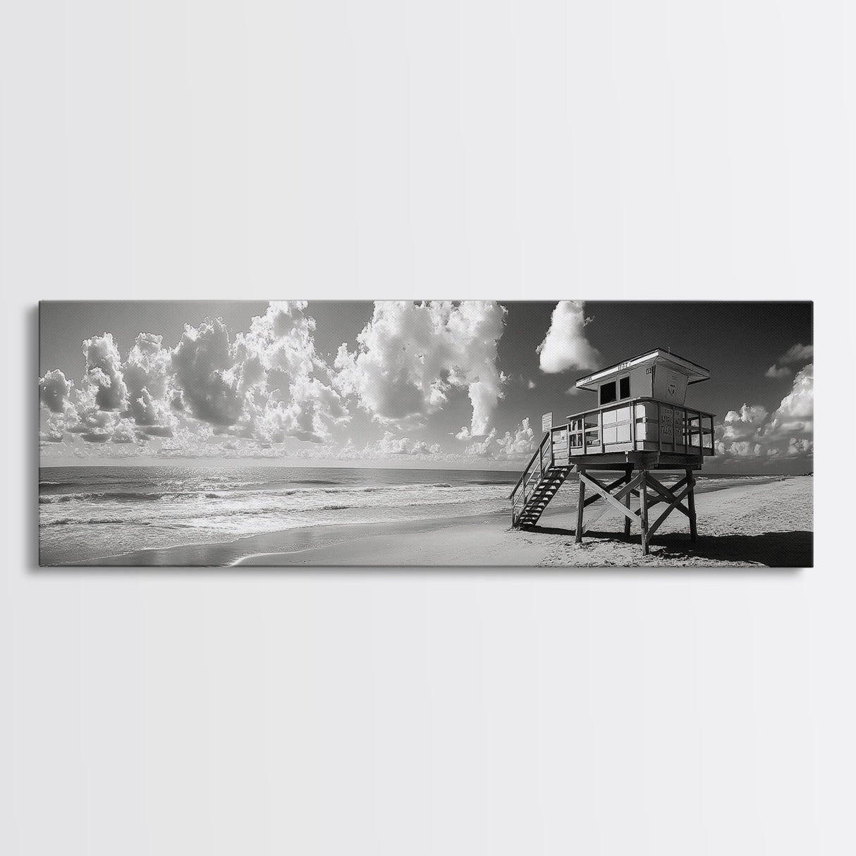 Lifeguard Tower Sky, Beach Scene Clouds, Surfside Minimalism, Framed Canvas Print, Bathroom Wall Art, Modern Coastal Decor