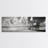 Lifeguard Tower Sky, Beach Scene Clouds, Surfside Minimalism, Framed Canvas Print, Bathroom Wall Art, Modern Coastal Decor