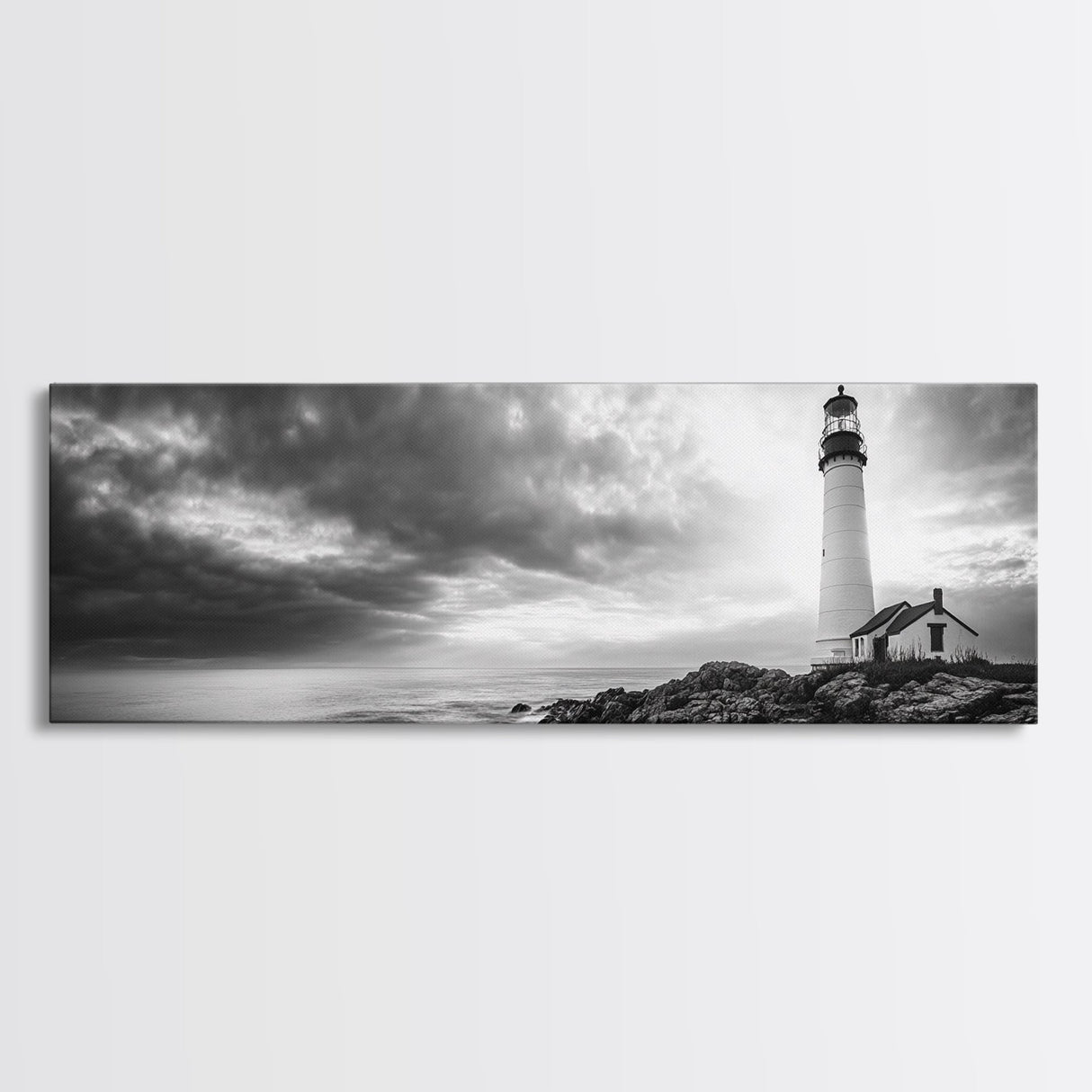 Dramatic Lighthouse Coast, Ocean Storm Horizon, Coastal Adventure, Framed Canvas Print, Living Room Wall Art, Nautical Fall Decor