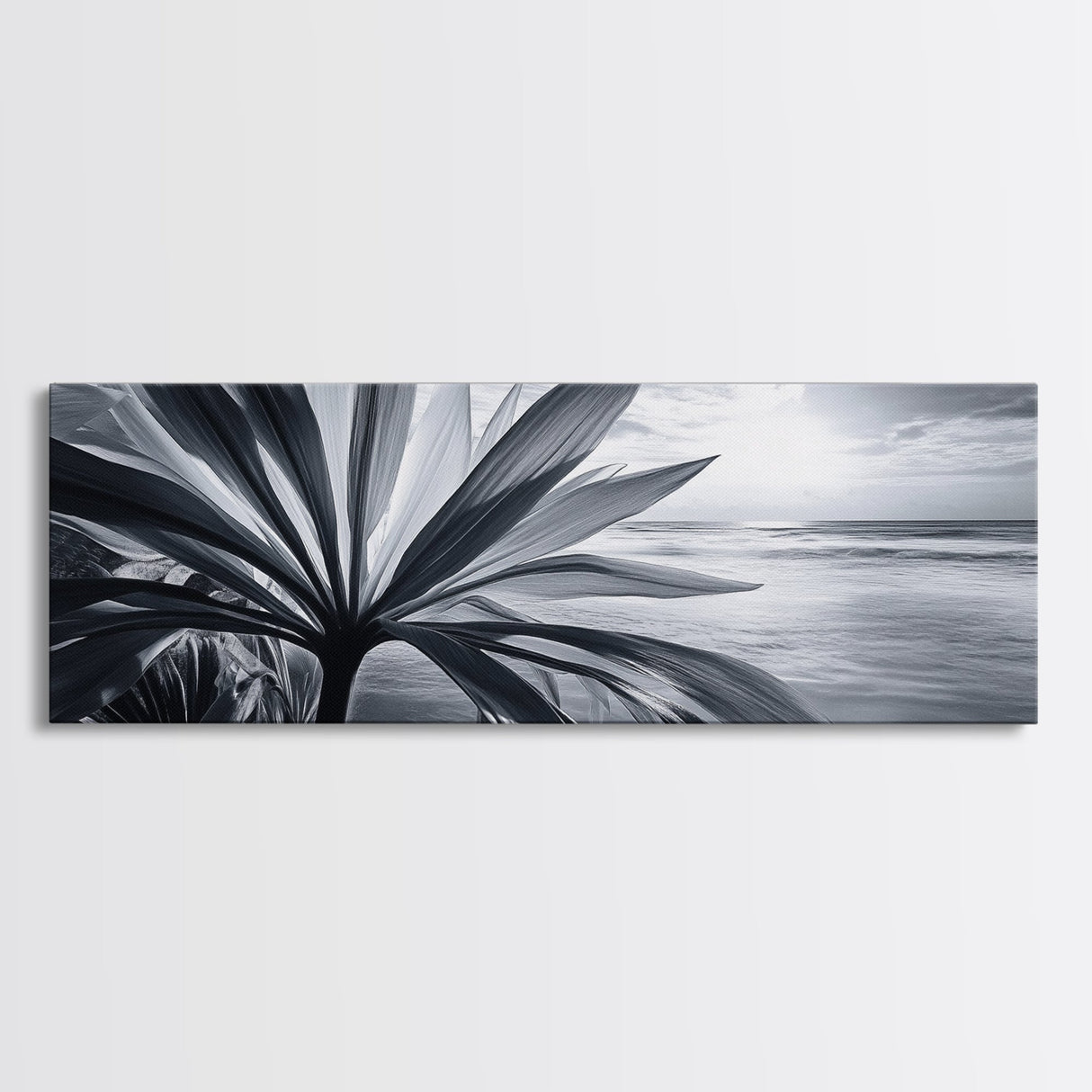 Tropical Leaf Closeup, Ocean Horizon Sunset, Botanical Beach, Framed Canvas Print, Kitchen Wall Art, Coastal Jungle Decor, Rustic Lakehouse Decor
