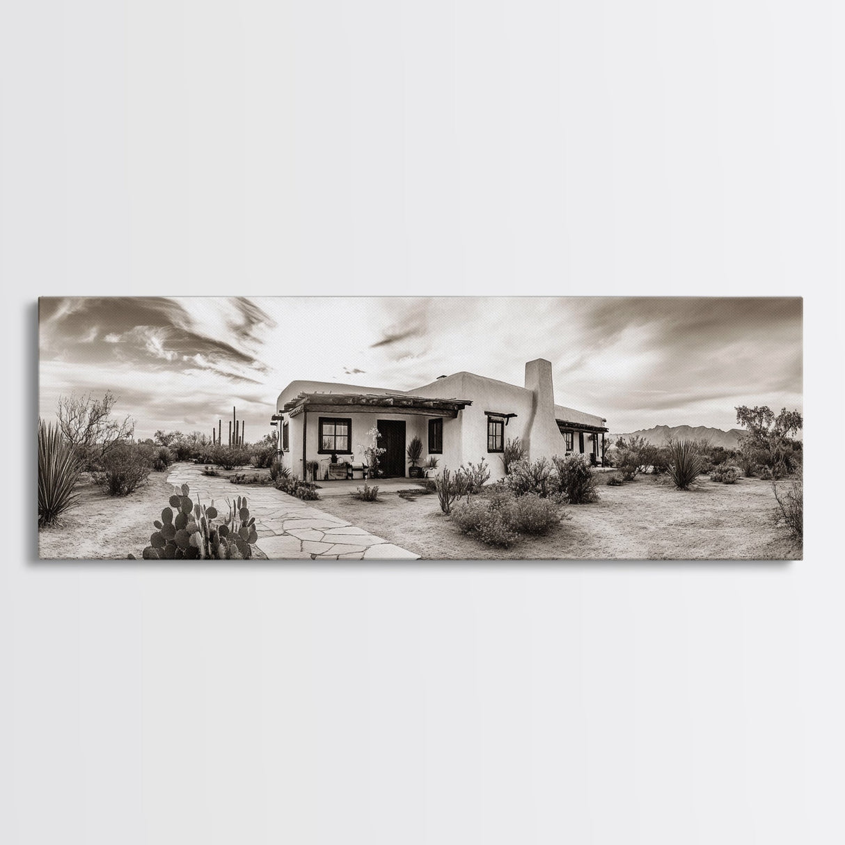 Desert Home, Adobe House, Rustic Pathway, Cactus Garden, Framed Canvas Print, Southwestern Decor, Living Room Wall Art, Western Aesthetic