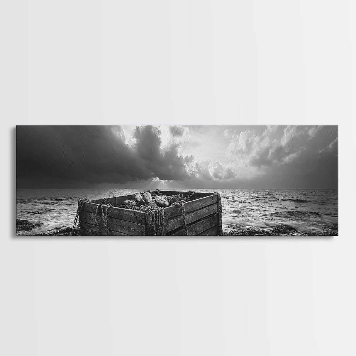 Ocean Harvest, Driftwood Crate, Coastal Mood, Framed Canvas Print, Nautical Wall Decor, Rustic Bathroom Art, Moody Coastal Artwork