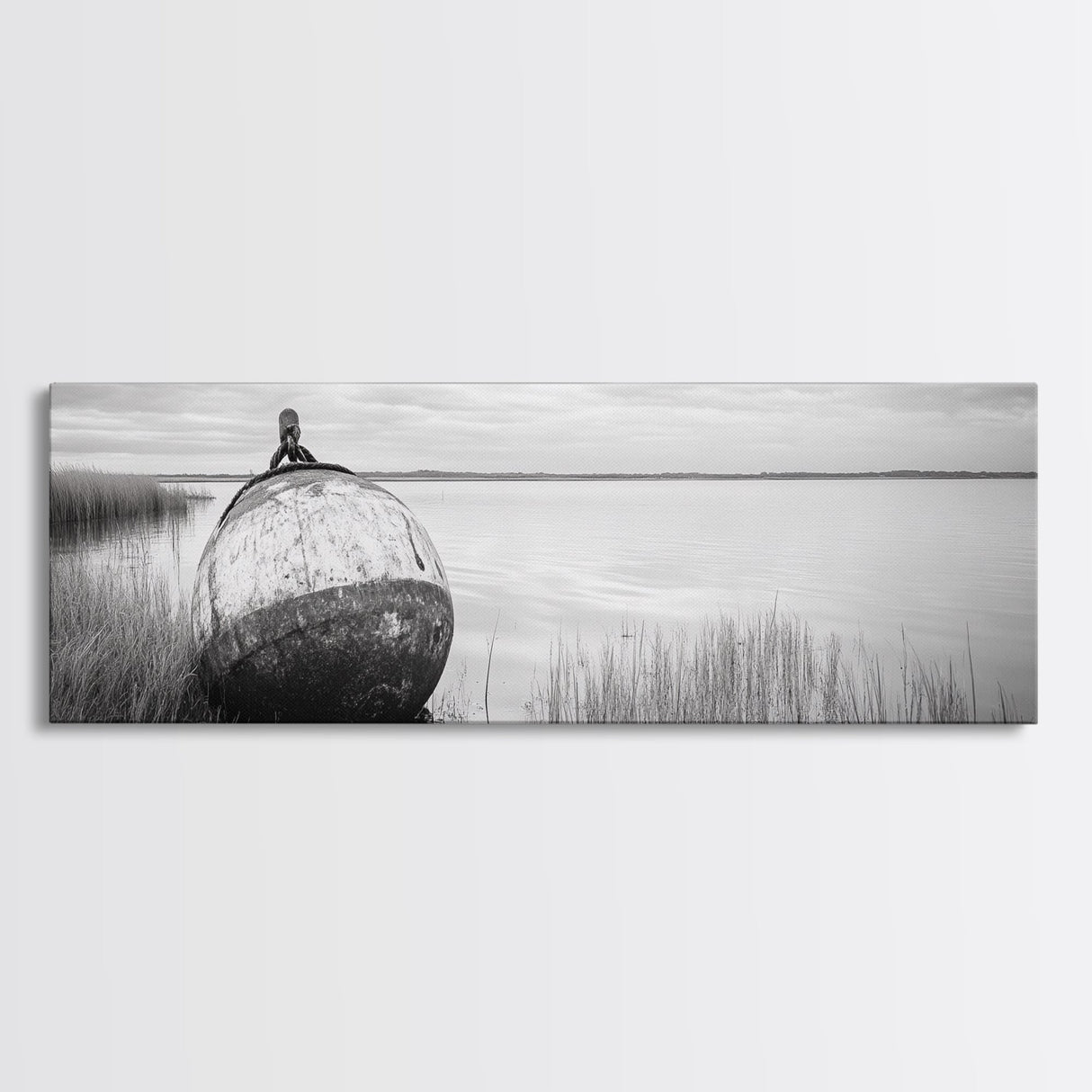 Coastal Buoy, Still Waters, Nautical Calm, Framed Canvas Print, Lakeside Bathroom Art, Maritime Style, Rustic Ocean Decor