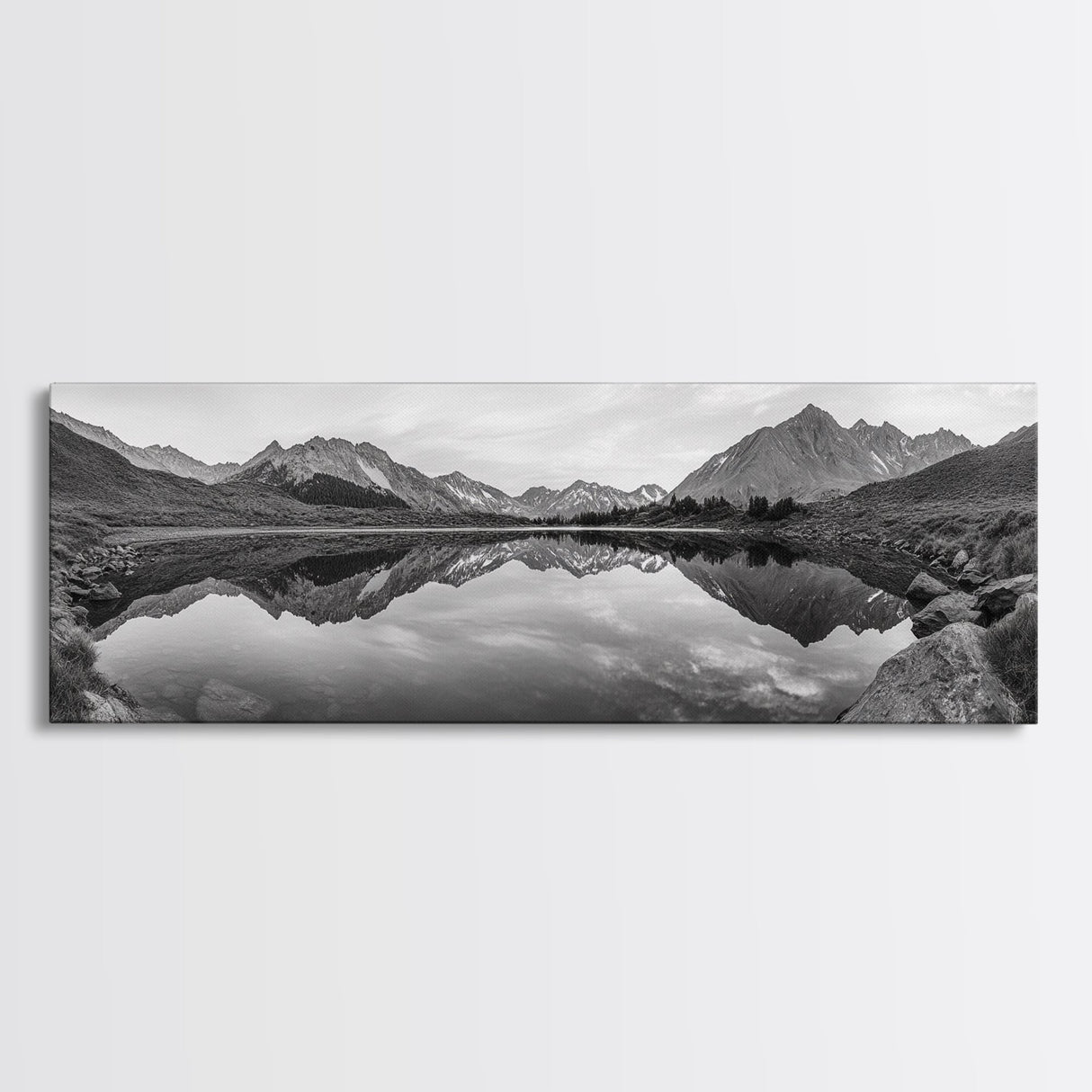 Mirror Lake, Alpine Stillness, Mountain Reflection, Tranquil Landscape, Canvas Print, Minimalist Nature Art, Living Room Wall Art, Neutral Decor