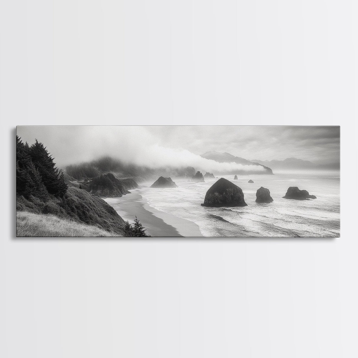 Pacific Coast, Misty Cliffs, Ocean Rocks, Moody Beach Scene, Canvas Print, Modern Nature Decor, Living Room Wall Art, Coastal Landscape